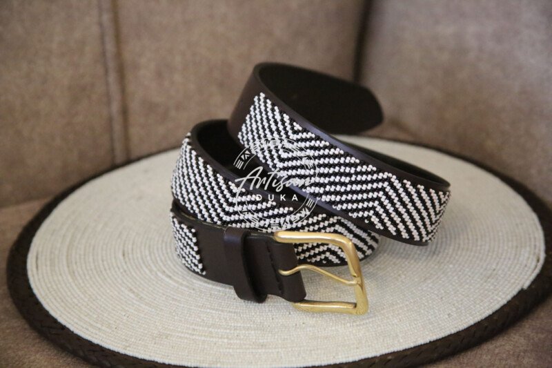 Elegant Black and White Zigzag Beaded Belt - Handmade Leather Belt Elegant Black and White Zigzag Beaded Belt - Handmade Leather Belt