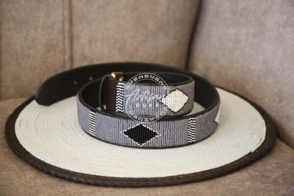 Striped Black and White Beaded Leather Belt with Diamond Design
