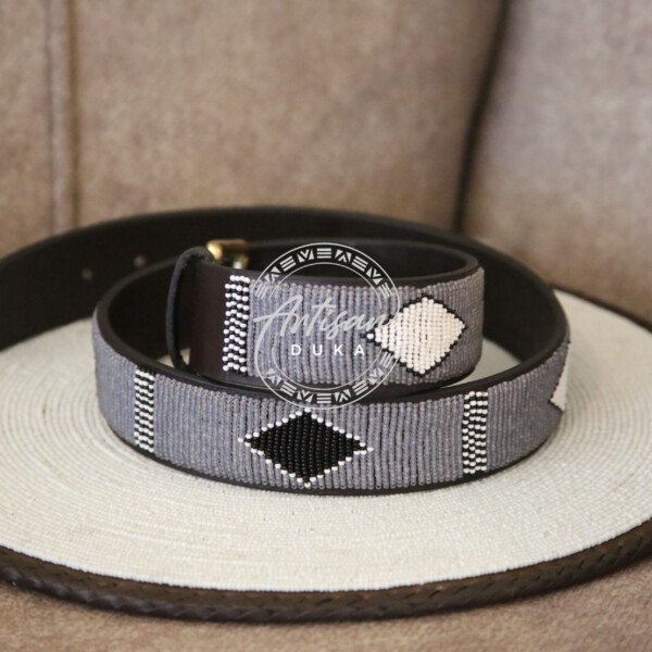 Striped Black and White Beaded Leather Belt with Diamond Design
