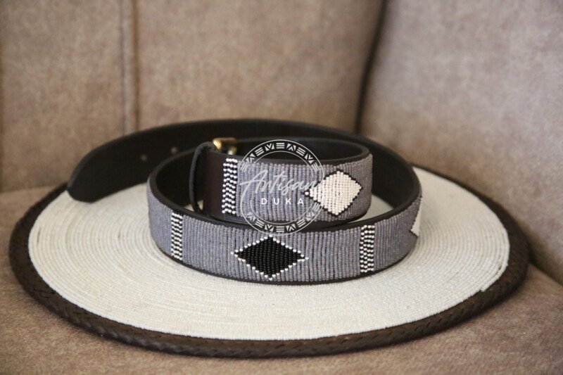 Striped Black and White Beaded Leather Belt with Diamond Design