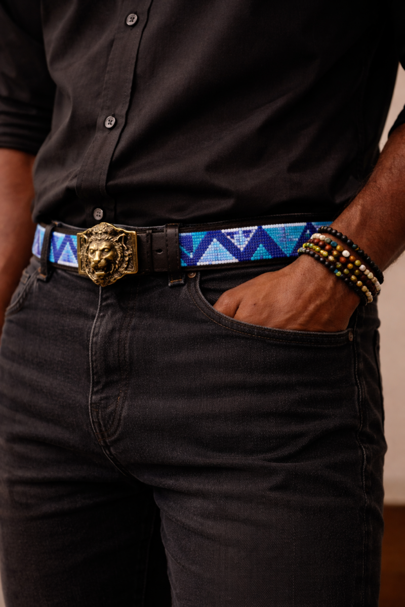 Beaded belt and lion buckle details Assorted Maasai Beaded Leather Belts - Authentic African Accessories