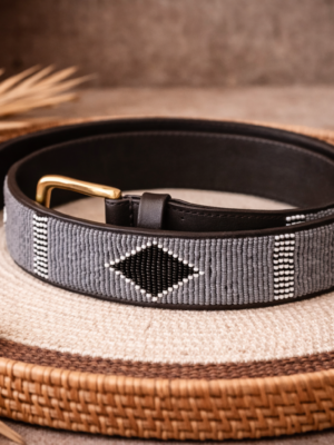 Striped Black and White Beaded Leather Belt with Diamond Design