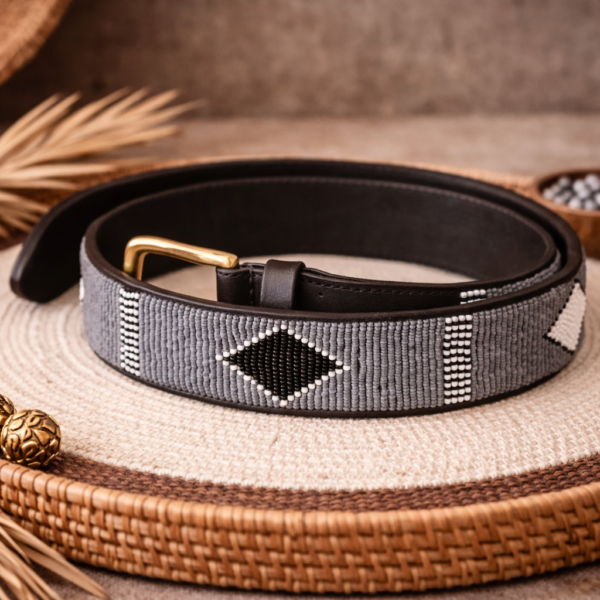 Striped Black and White Beaded Leather Belt with Diamond Design