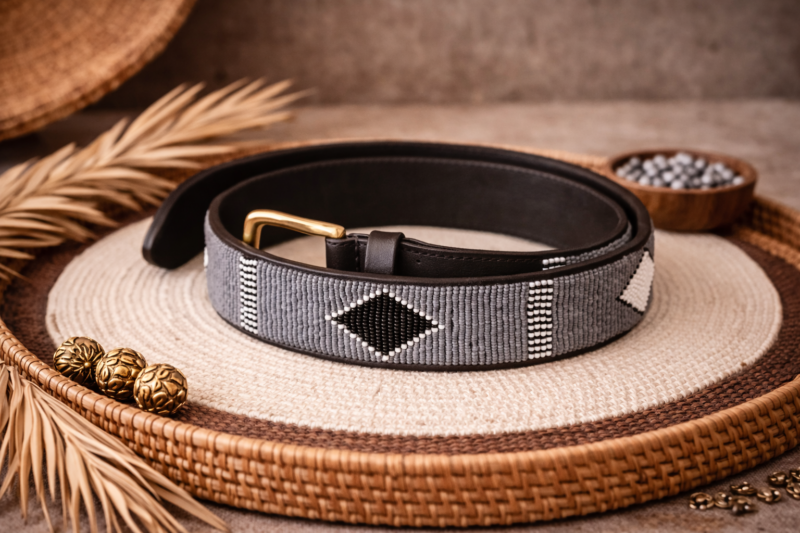 Striped Black and White Beaded Leather Belt with Diamond Design