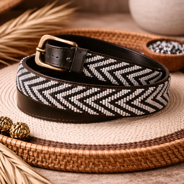 Elegant Black and White Beaded Leather Belt