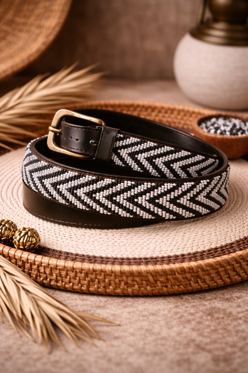 Beaded belt on woven tray Elegant Black and White Beaded Leather Belt