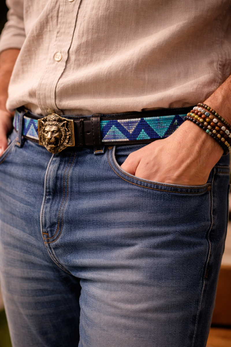 Beaded belt with lion's head buckle Assorted Maasai Beaded Leather Belts - Authentic African Accessories