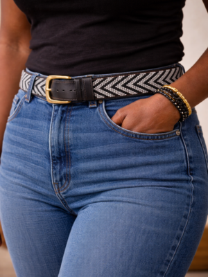 Elegant Black and White Beaded Leather Belt