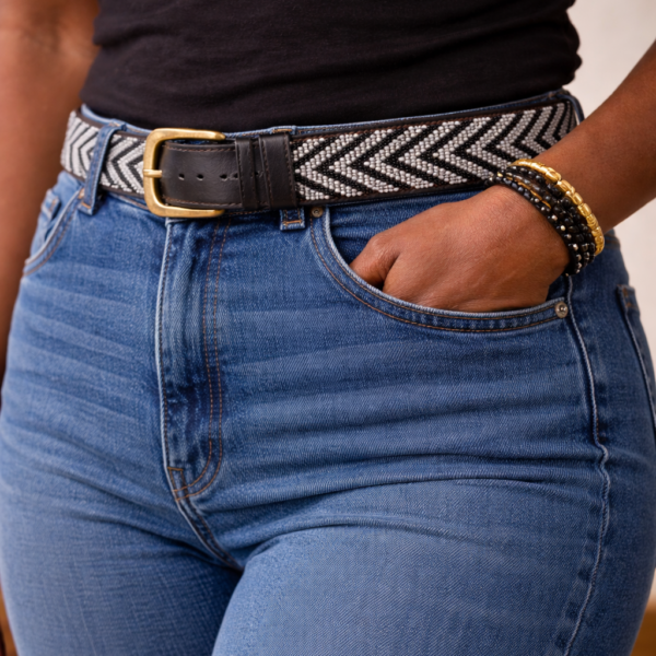 Elegant Black and White Beaded Leather Belt