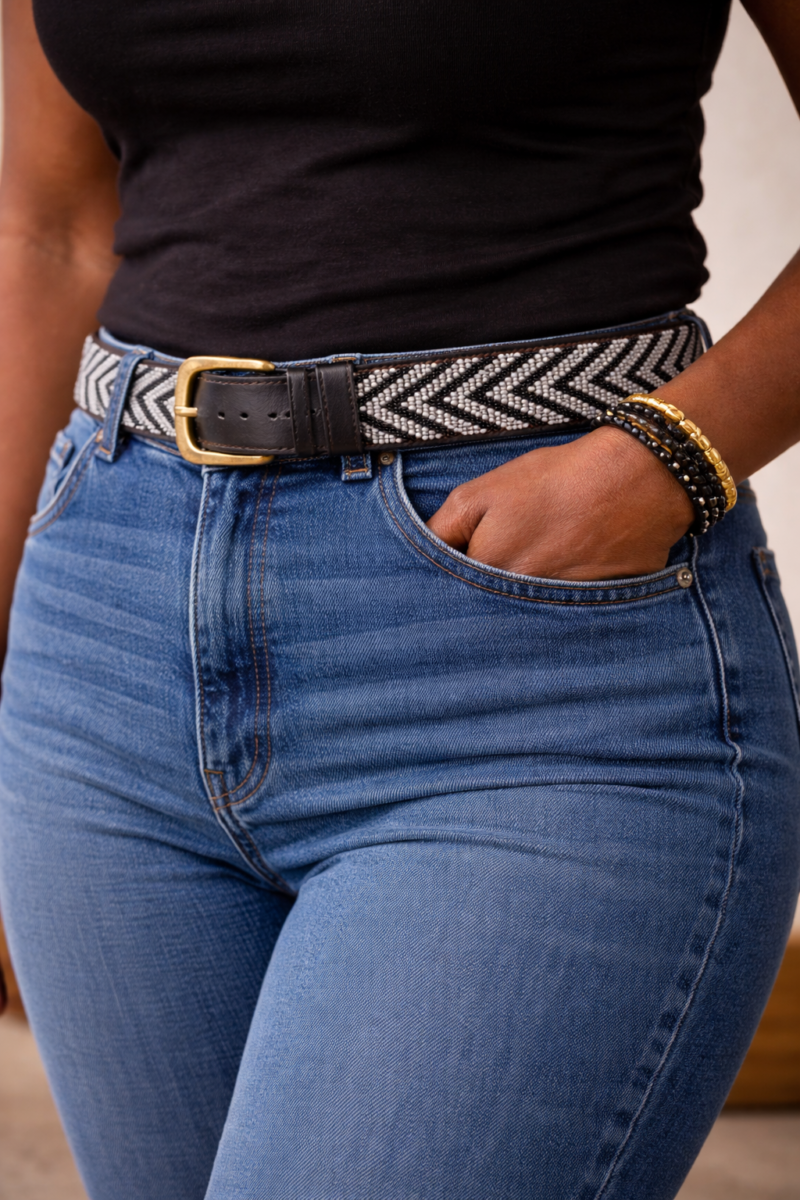 Beaded chevron belt with denim jeans Elegant Black and White Beaded Leather Belt