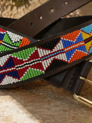 Tribal Harmony Beaded Leather Belt - Red, White, Blue & Green Design