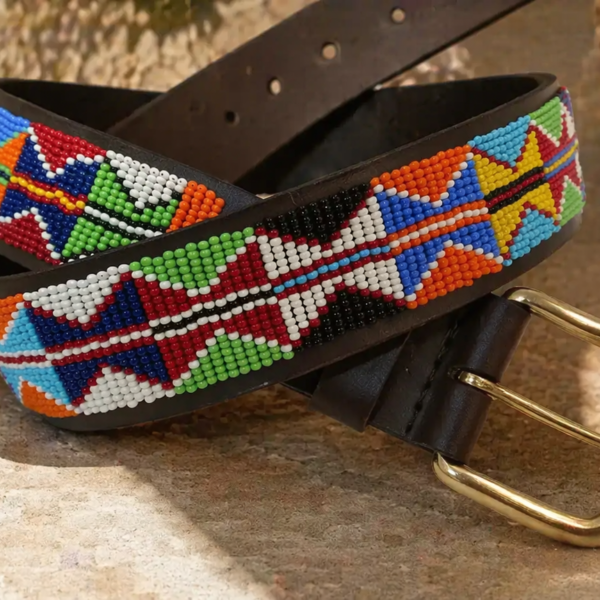 Tribal Harmony Beaded Leather Belt - Red, White, Blue & Green Design
