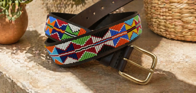Tribal Harmony Beaded Leather Belt - Red, White, Blue & Green Design