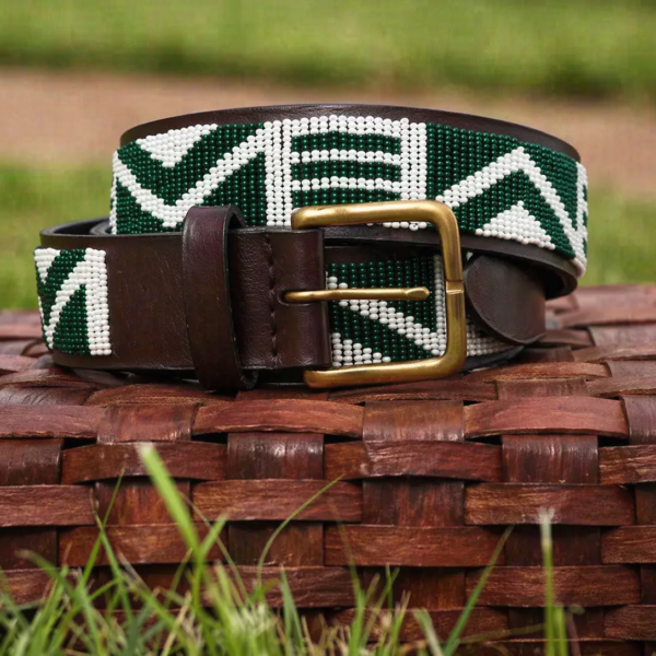 Vibrant Green and White Maasai Beaded Leather Belt
