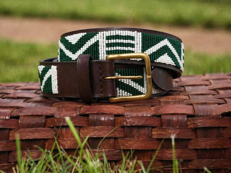 Vibrant Green and White Maasai Beaded Leather Belt