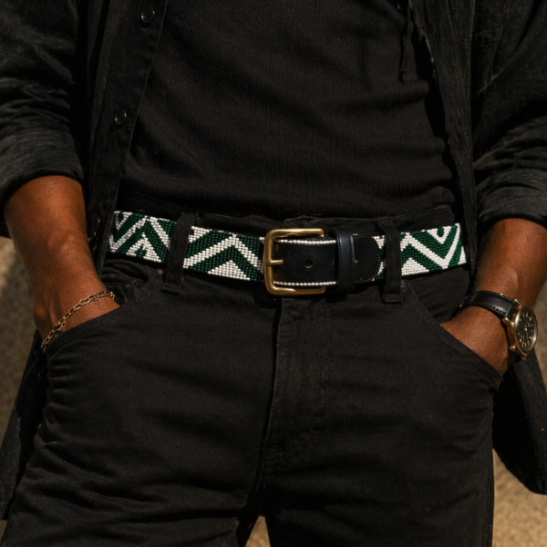 Vibrant Green and White Maasai Beaded Leather Belt