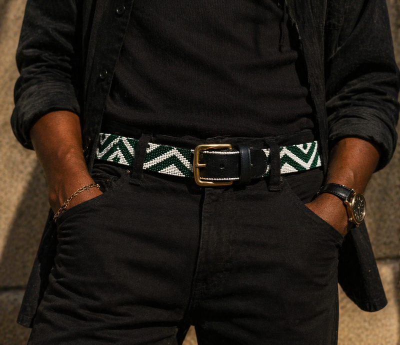 Vibrant Green and White Maasai Beaded Leather Belt