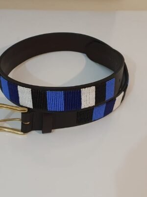 Blue, Black & White Maasai Beaded Leather Belt Blue, Black & White Maasai Beaded Leather Belt
