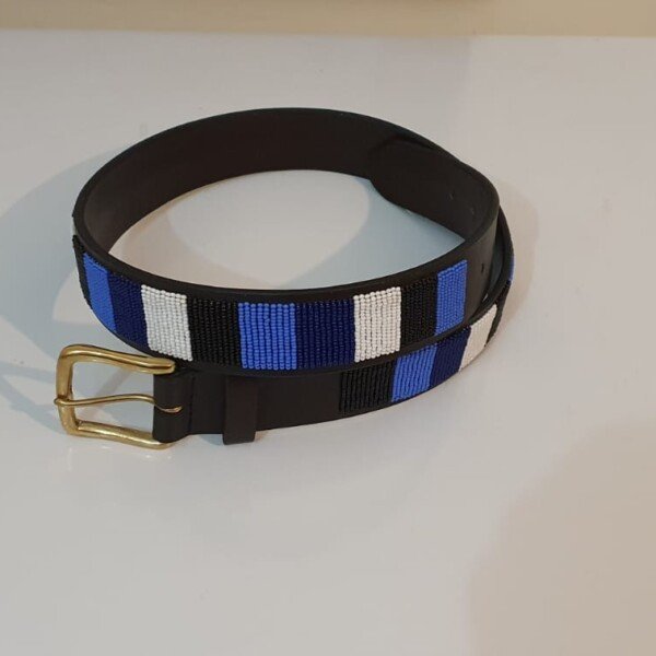 Blue, Black & White Maasai Beaded Leather Belt