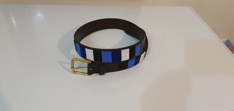Blue, Black & White Maasai Beaded Leather Belt