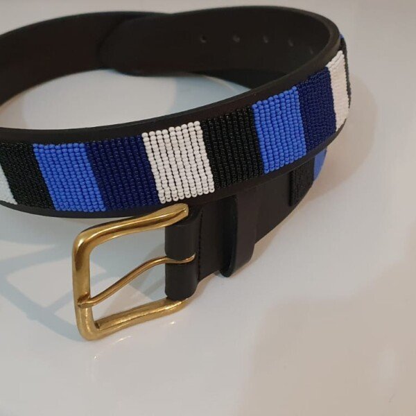 Blue, Black & White Maasai Beaded Leather Belt
