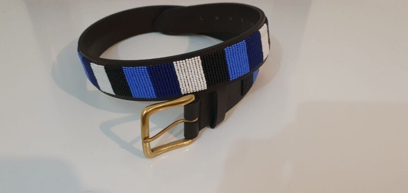 Blue, Black & White Maasai Beaded Leather Belt