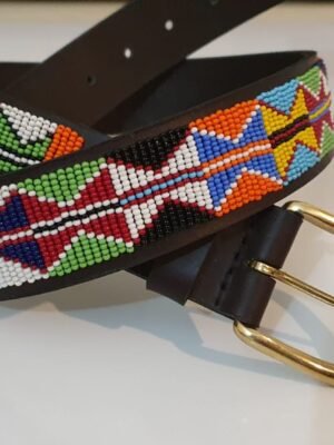Tribal Harmony Beaded Leather Belt – Red, White, Blue & Green Design Tribal Harmony Beaded Leather Belt – Red, White, Blue & Green Design