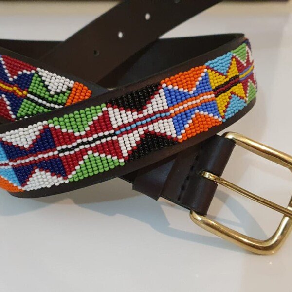 Tribal Harmony Beaded Leather Belt - Red, White, Blue & Green Design