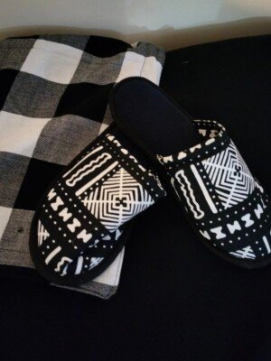 Modern Monochrome Ankara Slip-Ons - Handmade Black and White African Print Slides Modern Monochrome Ankara Slip-Ons - Handmade Black and White African Print Slides