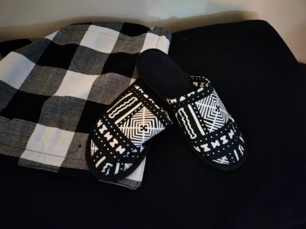 Modern Monochrome Ankara Slip-Ons - Handmade Black and White African Print Slides Modern Monochrome Ankara Slip-Ons - Handmade Black and White African Print Slides