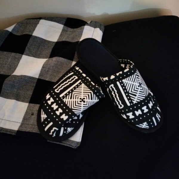 Modern Monochrome Ankara Slip-Ons - Handmade Black and White African Print Slides