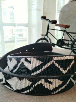 Monochrome Elegance Beaded Leather Belt - Black & White Design Monochrome Elegance Beaded Leather Belt - Black & White Design