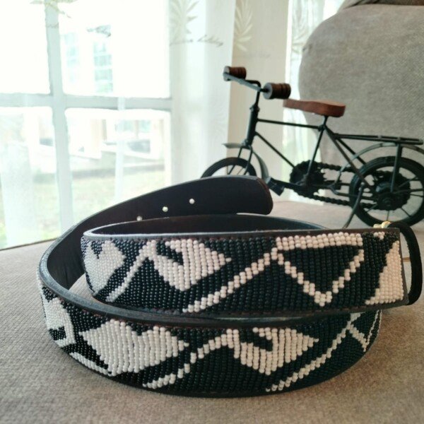 Monochrome Elegance Beaded Leather Belt - Black & White Design