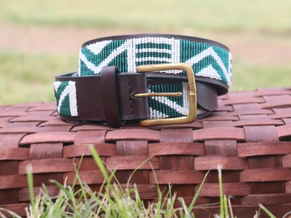 Vibrant Green and White Maasai Beaded Leather Belt Vibrant Green and White Maasai Beaded Leather Belt