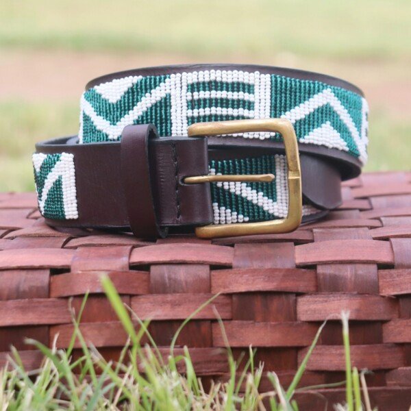 Vibrant Green and White Maasai Beaded Leather Belt