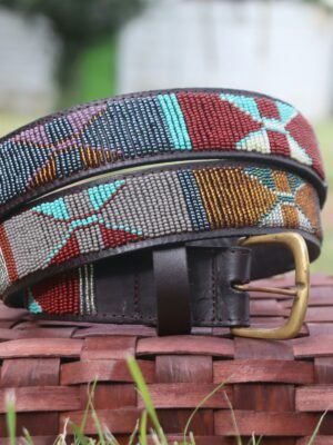 Earthy Brown, Blue and Grey Maasai Beaded Leather Belt Earthy Brown, Blue and Grey Maasai Beaded Leather Belt