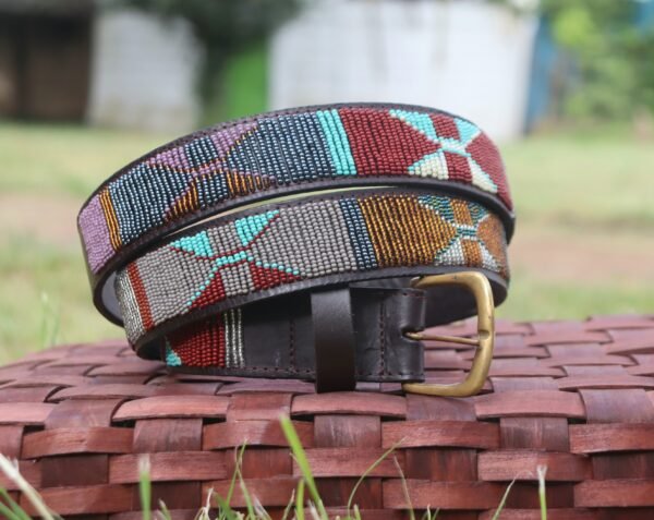 Earthy Brown, Blue and Grey Maasai Beaded Leather Belt Earthy Brown, Blue and Grey Maasai Beaded Leather Belt