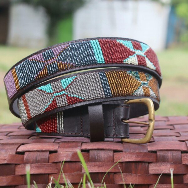 Earthy Brown, Blue and Grey Maasai Beaded Leather Belt