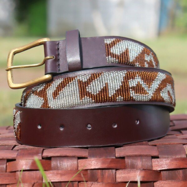 Classic Brown and Grey Maasai Beaded Leather Belt