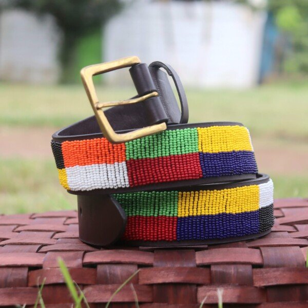 Vivid Multicolored Box Design Maasai Beaded Leather Belt