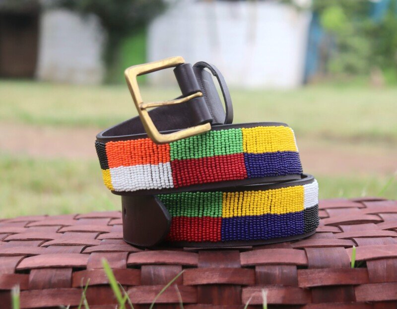 Vivid Multicolored Box Design Maasai Beaded Leather Belt
