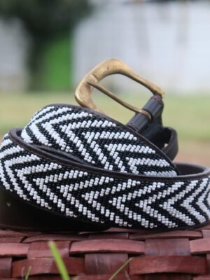 Elegant Black and White Beaded Leather Belt Elegant Black and White Beaded Leather Belt
