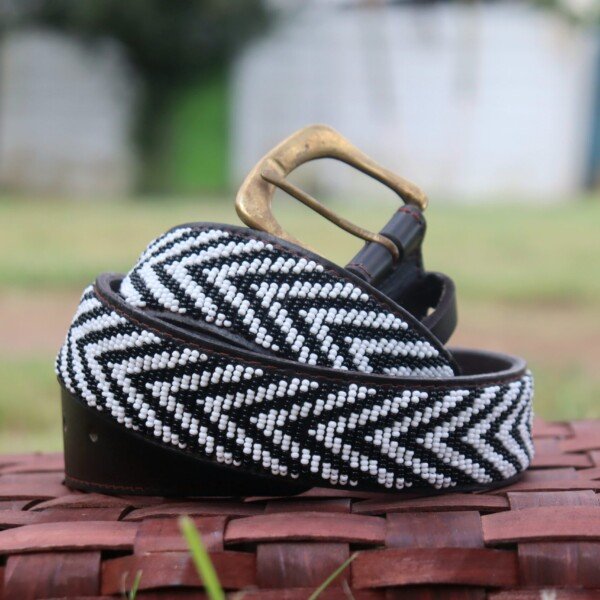 Elegant Black and White Beaded Leather Belt