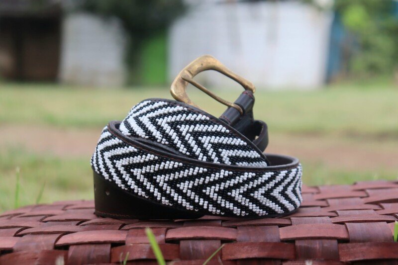 Elegant Black and White Beaded Leather Belt