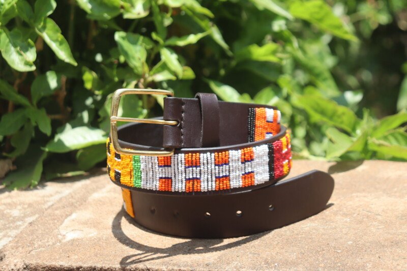 Multicolored beaded leather belt