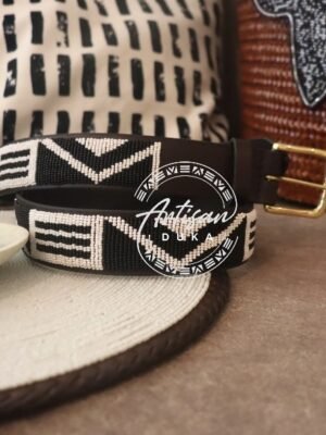 Modern Black and White Beaded Leather Belt – Handmade in Kenya