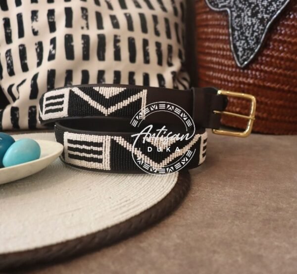 Modern Black and White Beaded Leather Belt – Handmade in Kenya Modern Black and White Beaded Leather Belt – Handmade in Kenya