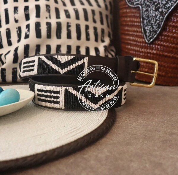 Modern Black and White Beaded Leather Belt - handmade in Kenya