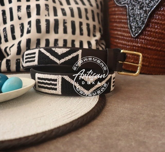 Modern Black and White Beaded Leather Belt – Handmade in Kenya
