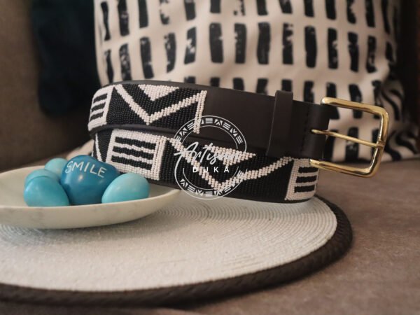 IMG_8920 Modern Black and White Beaded Leather Belt – Handmade in Kenya